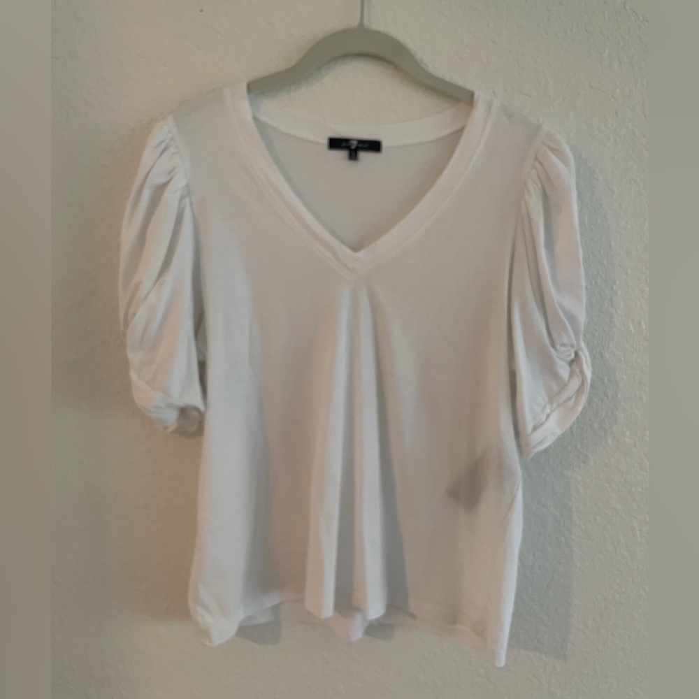 7 For All Mankind White V-Neck Tee with Knotted Puff Sleeves | Size L